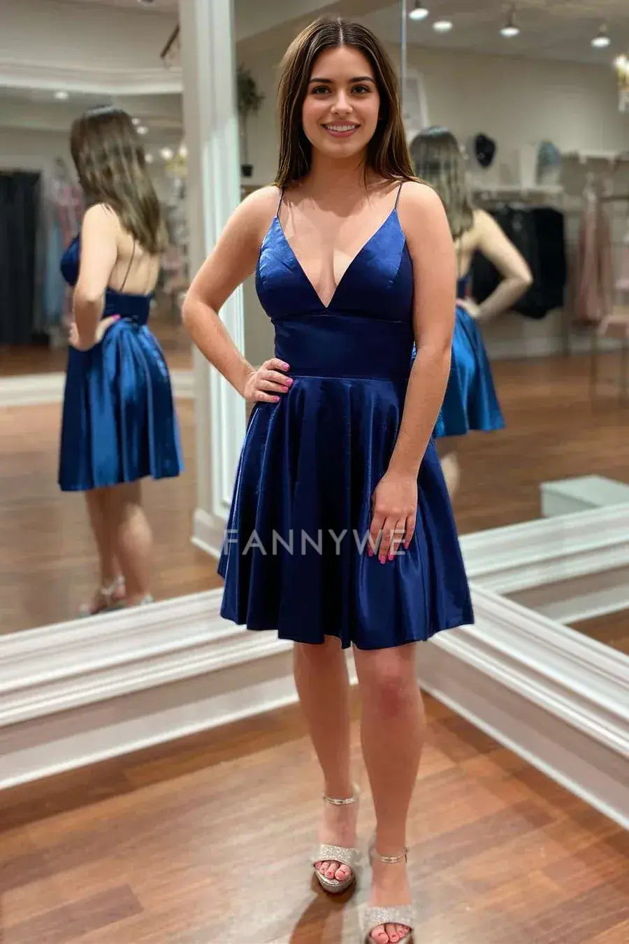 FannyWe Simple Indigo V-Neck Spaghetti Straps A-Line Homecoming Dress formal wear dresses